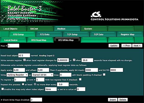 Screen shot from BB3-7101 BACnet IP to Modbus Gateway