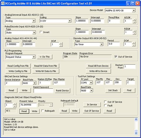 Screen shot from AMJR-SB Programmable I/O for BACnet MS/TP configuration tool