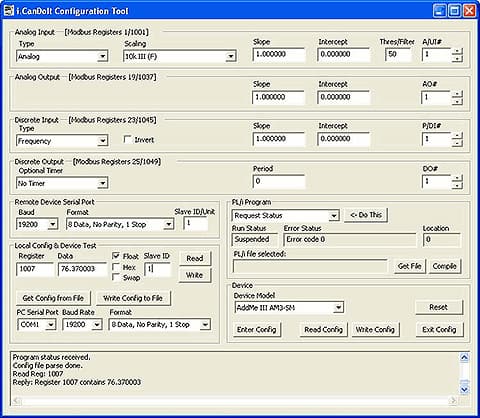 Screen shot from AMJR-SM Programmable I/O for Modbus RTU configuration tool