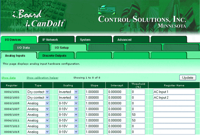 Screen shot showing I/O configuration in IB-100 Modbus web server