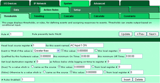 Screen shot showing threshold rule configuration in IB-100 Modbus web server