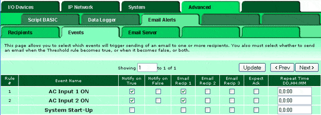 Screen shot showing event notification selection in IB-100 Modbus web server