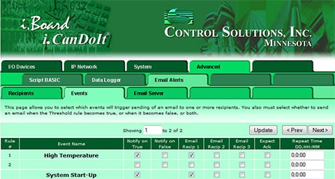 Screen shot from IB-100 Modbus web server