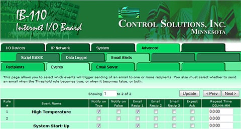 Screen shot from IB-110 Modbus web server