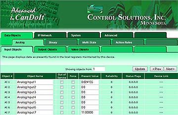 Screen shot from AMJR-14-BN BACnet web server