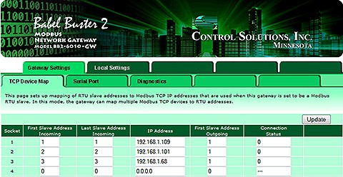 Screen shot from BB2-6010-GW Modbus TCP to RTU Gateway