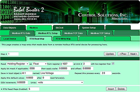 Screen shot from BB2-7010 BACnet IP to Modbus Gateway