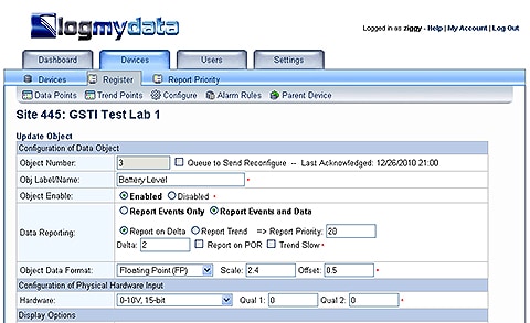 Screen shot from web portal used with VP3-2290 Cellular Remote Telemetry Unit