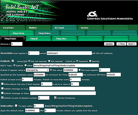 Configuration screen shot from MQ-61 Modbus IoT Gateway