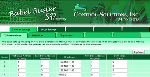 Screen shot from Babel Buster SP-GW Modbus RTU to TCP Gateway