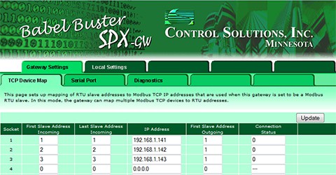 Screen shot from Babel Buster SPX-GW Modbus RTU to TCP Gateway