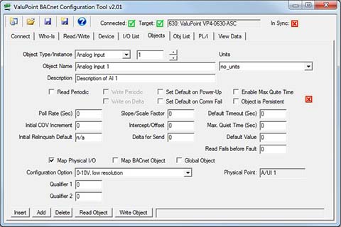 Screen shot of configuration tool for VP4-2370 Programmable I/O for BACnet IP