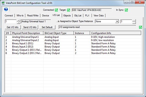 Screen shot of configuration tool for VP4-0630 Programmable I/O for BACnet MS/TP