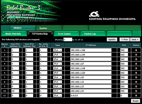 Screen shot from BB3-6101-GW Modbus TCP to RTU Gateway