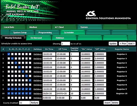 Scheduler screen shot from BB3-6101-MQ Modbus IoT Gateway