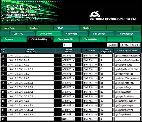 Screen shot from BB3-6101-V2C SNMP to Modbus Gateway