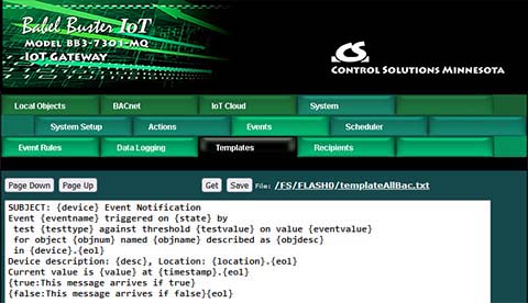 Email message template screen shot from BB3-7301-MQ BACnet IoT Gateway