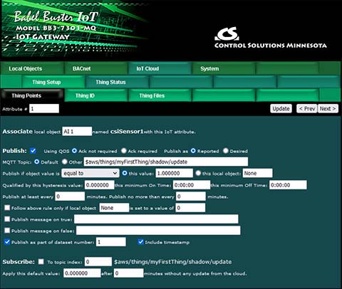 Configuration screen shot from BB3-7301-MQ BACnet IoT Gateway