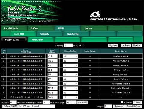 Screen shot from BB3-7302-V3 BACnet Router plus SNMP Gateway