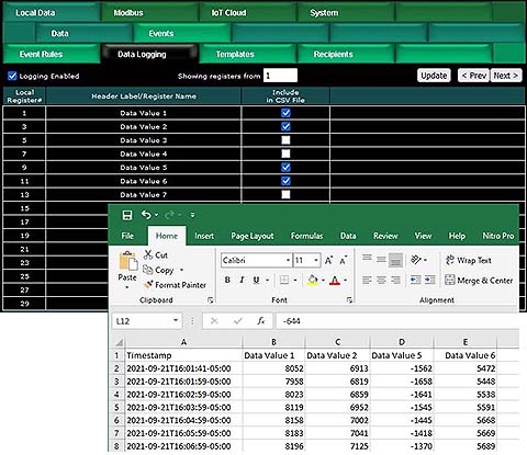 Data logging screen shot from BB3-6101-MQ Modbus IoT Gateway