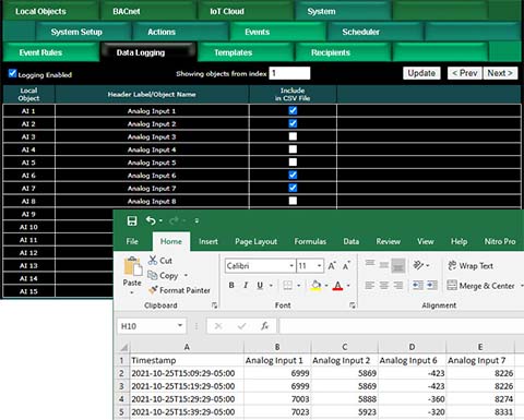 Data logging screen shot from BB3-7301-MQ BACnet IoT Gateway