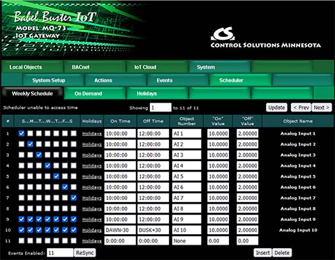 Scheduler screen shot from MQ-73 BACnet IoT Gateway