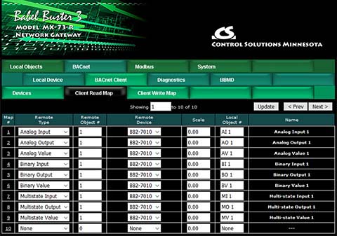 Screen shot from MX-73-R BACnet IP to MS/TP Router