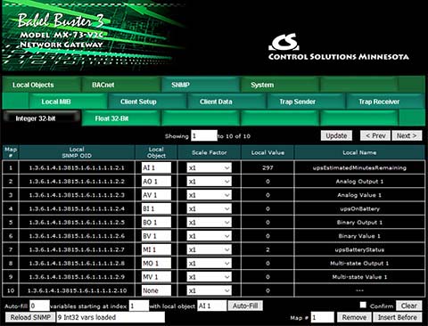 Screen shot from BB3-7302-V2C BACnet Router plus SNMP Gateway